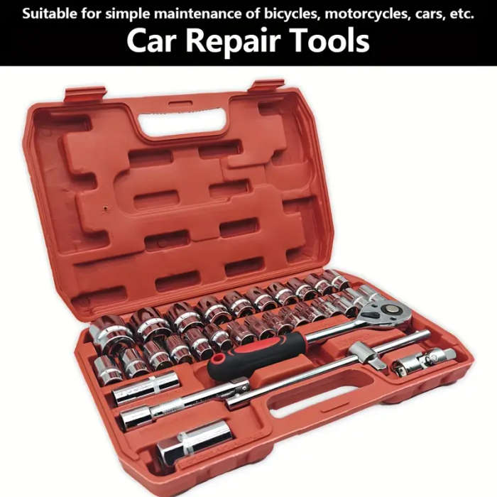 32pcs 1/2" Drive Ratchet Wrench and Socket Set, Durable Chrome Vanadium Steel, with Toolbox, for Aut