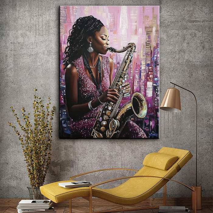1pc Vibrant African American Saxophonist Jazz Art Print Modern Music Theme HD Poster with Urban B