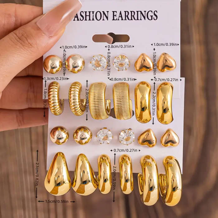 24 Piece New Artificial Crystal Heart Pearl Earrings Exaggerated C-Shaped Resin Gold-Plated