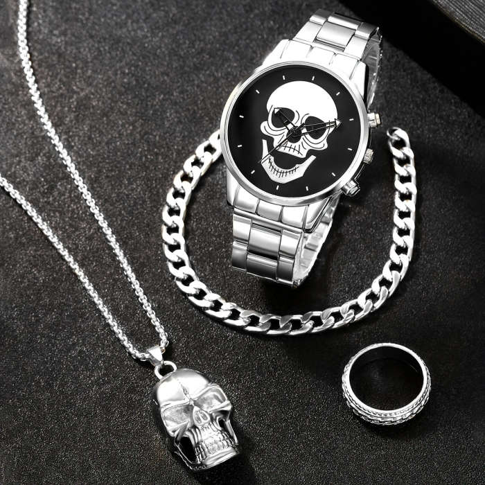 4 Piece Set Men's Watch Fashion Personality Skull Round Disc Quartz Watch