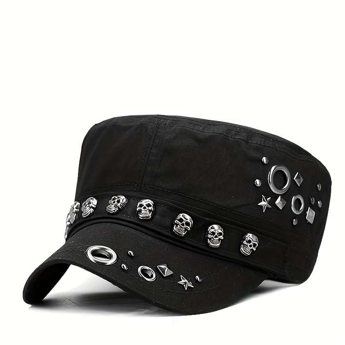 1pc Vintage Skull Rivet Flat Top Hat Lightweight Stretchable Cotton Sun Cap for Independence Day