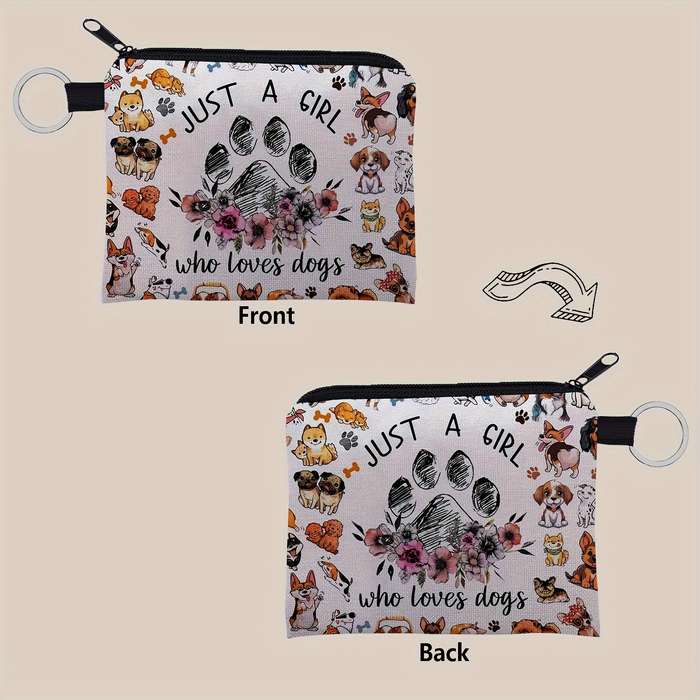 1pc SWEET Cute Dog Print Purse Lightweight Zipper Pouch with Keychain Small Capacity Multifu