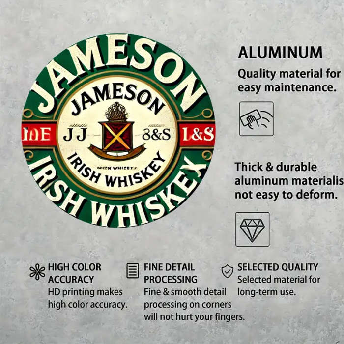 1pc Vintage Irish Whiskey Metal Wall Sign 20.32x20.32cm Round Aluminum Art Durable Weather-Resistant