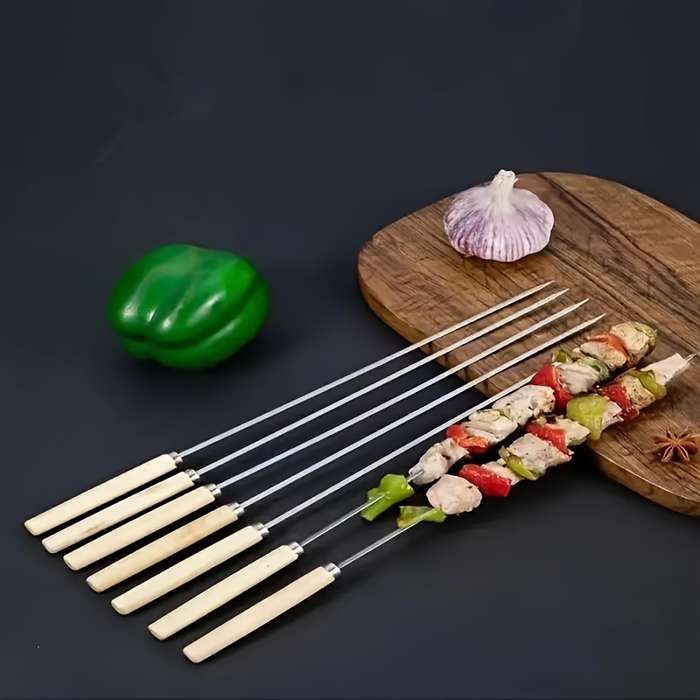 20pcs Stainless Steel Skewers with Ergonomic Wooden Handles Durable Thick Grill Sticks for C