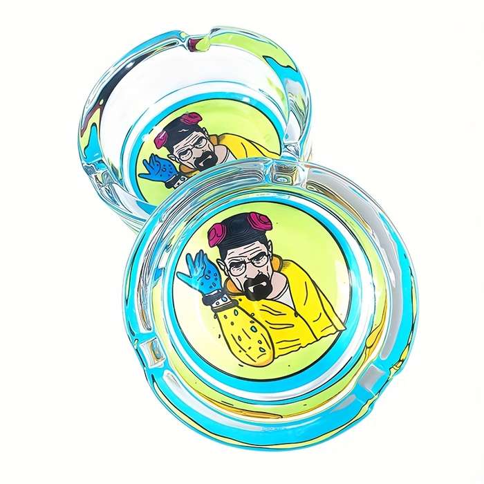 1pc 8.48cm Round Glass Ashtray with Stylish Cartoon Design C Transparent Smoking Accessory for Home