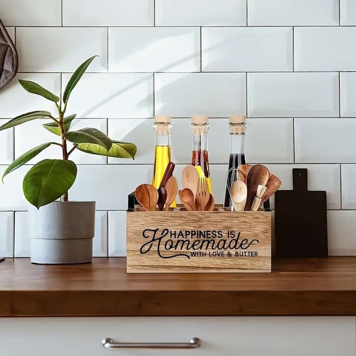 1pc High-Quality Classic Wooden Kitchen Utensil Organizer Portable Storage Box with Open Design