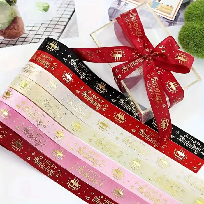 Classic Happy Birthday Print Polyester Ribbon Pink