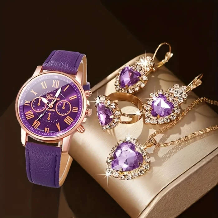 4pcs Set Elegant Women'S Fashion Round Dial Quartz Watch and Jewelry Set Shock-Resistant Analog Disp