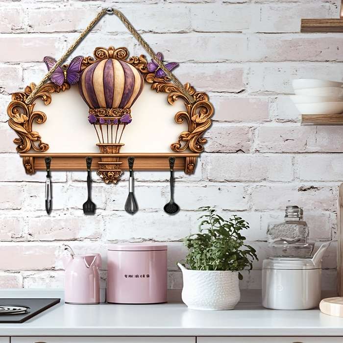 2D Flat 1pc gorgeous hot air balloon simple colorful wooden and home key hanger with four metal