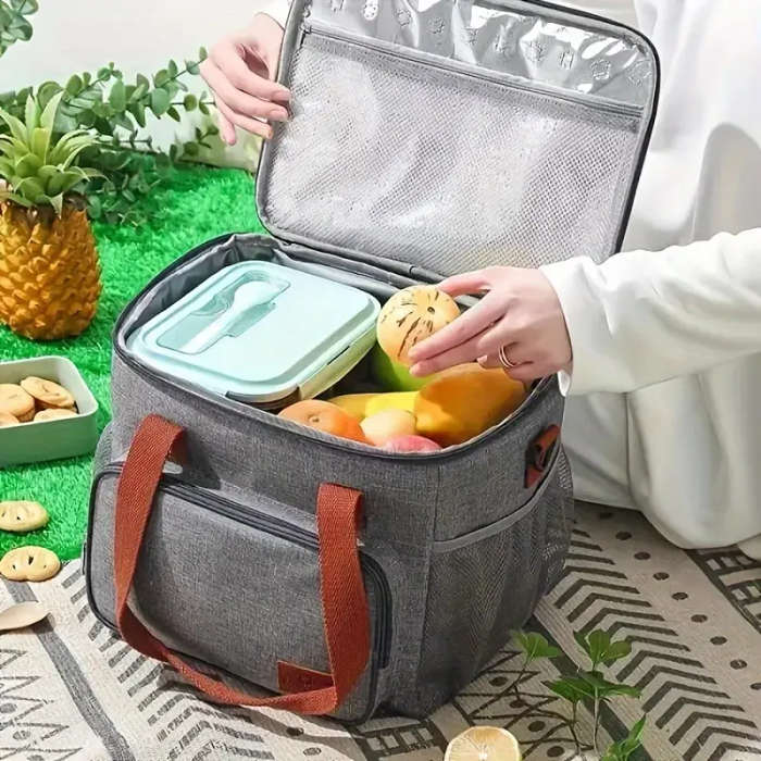 Insulated Lunch Bag Leak-Proof Double-Layer Polyester Reusable with Zippered Pockets