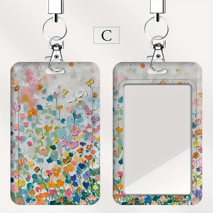 1pc JIT Floral Badge Holder with Lanyard Dual Card Slot Transparent Plastic Protective Insert Sh