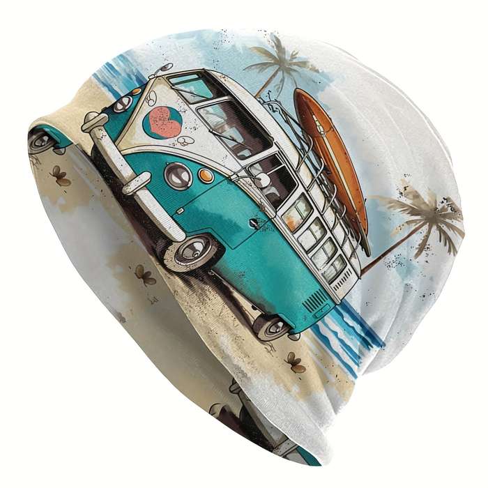 1pc Funky Beach Bus Palm Tree Design Beanie Hat Soft Lightweight Polyester Blend Perfect