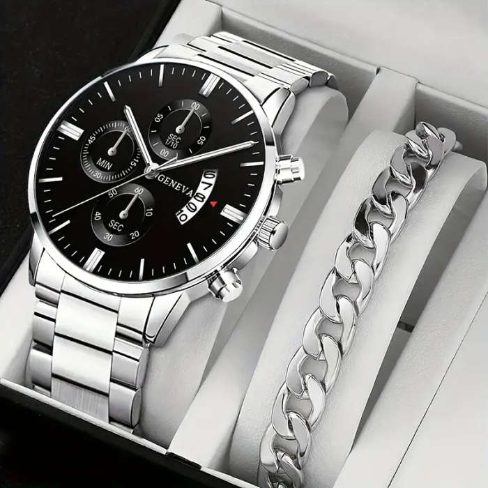 2pcs Watch Set: Stylish Alloy Round Case with Calendar