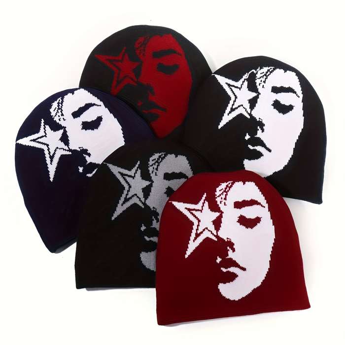 1pc Star Face Jacquard Knit Beanie for Women and Men Acrylic Stretchy Skull Cap Lightweight Unise