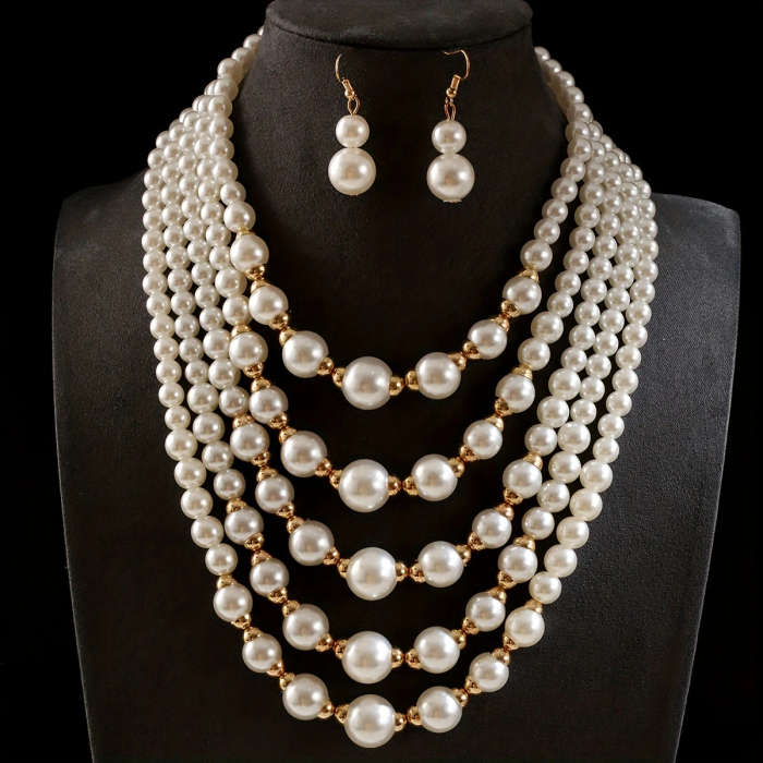 1 Set Of 14K Gold Plated Elegant Multi-Layered Faux Pearl Beaded Necklace And Earrings