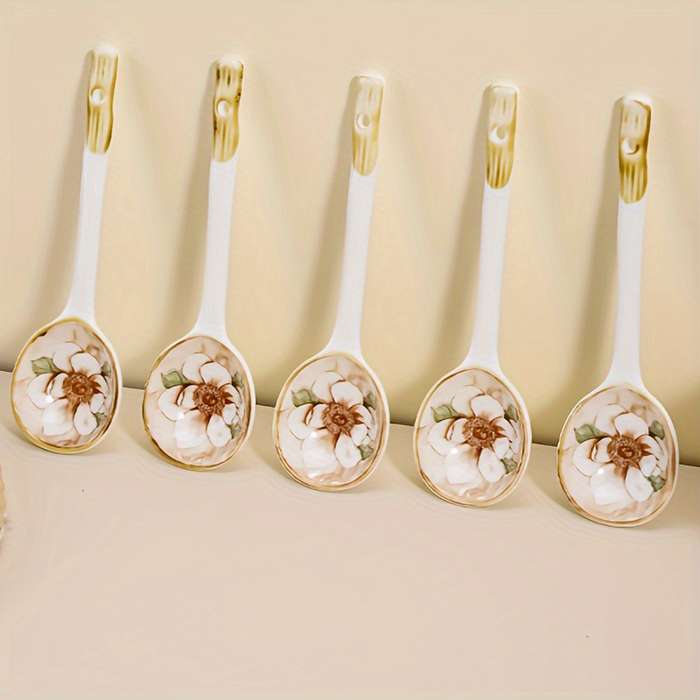 6pcs Elegant Long-Handle Ceramic Coffee Spoons with Floral Design Ideal for Serving Coffee T