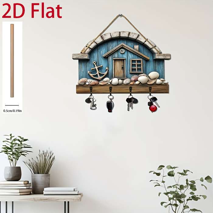 2D Flat 1pc Seaside Shell Cabin Simple Colorful Wooden and Home Key Hanger with Four Metal Hooks 2