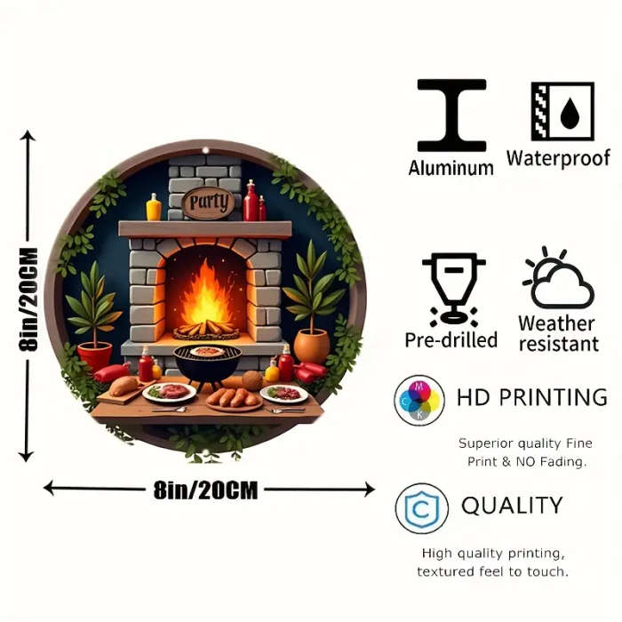 1pc 20.32x20.32cm Round Aluminum Sign Rustic BBQ Party Scene Wall Decor with Stone Fireplace Grill a