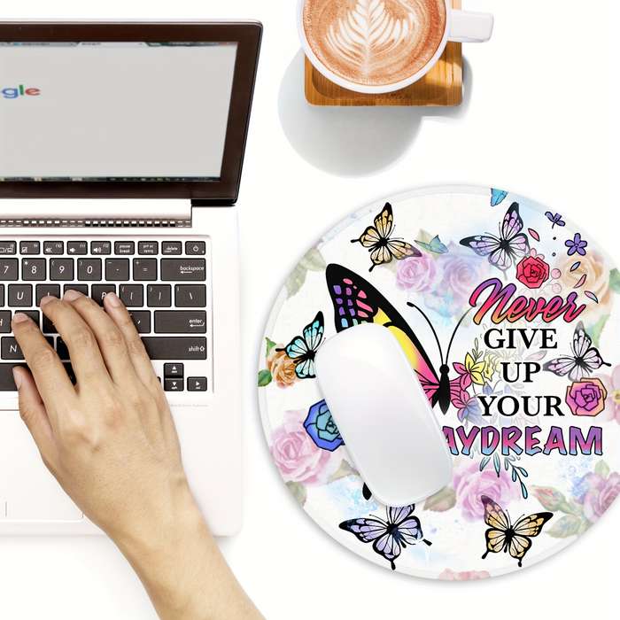 1pc 19.81cm Butterfly Round Mouse Pad with Inspirational Quote Non-Slip Rubber Base Vi