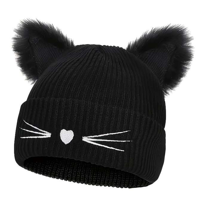 1pc Women's Cute Cat Ear Knit Beanie with Embroidery Acrylic Stretch Skull Cap for Winter Warmth