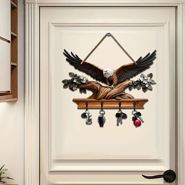 1pc Eagle Spreading Wings Simple Colored Wooden and Key Hanger with Four Metal Hooks (30.0cm x 24.