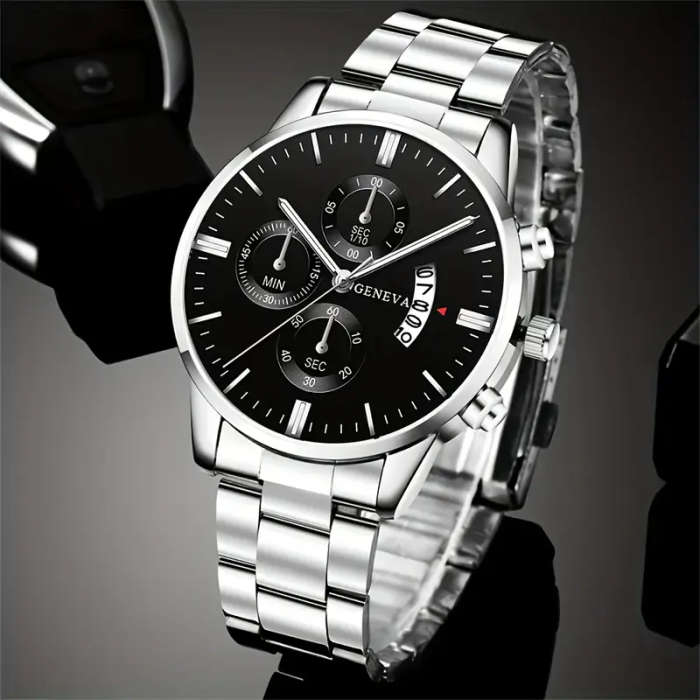 2pcs Watch Set: Stylish Alloy Round Case with Calendar
