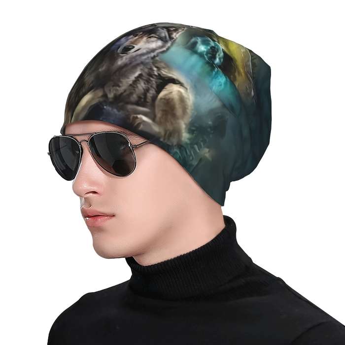 1pc Wolf Print Brimless Skull Cap Polyester Spandex Blend Funky Style Soft Knit Fabric wit