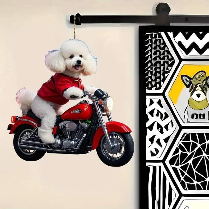 1pc 2D Flat   Adorable Bichon Frise on Motorcycle Acrylic Hanging Ornament Charming Red-Dress
