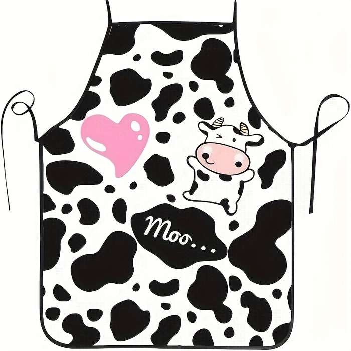 1pc Playful Cow Print Kitchen Apron Adjustable Neck Waist Durable Polyester Ideal for Cook