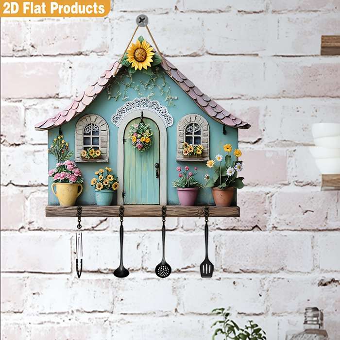 A Piece of Minimalist Colorful Wooden House Key Holder with Four Metal Hooks (30.0cm X 24.99cm) Sui