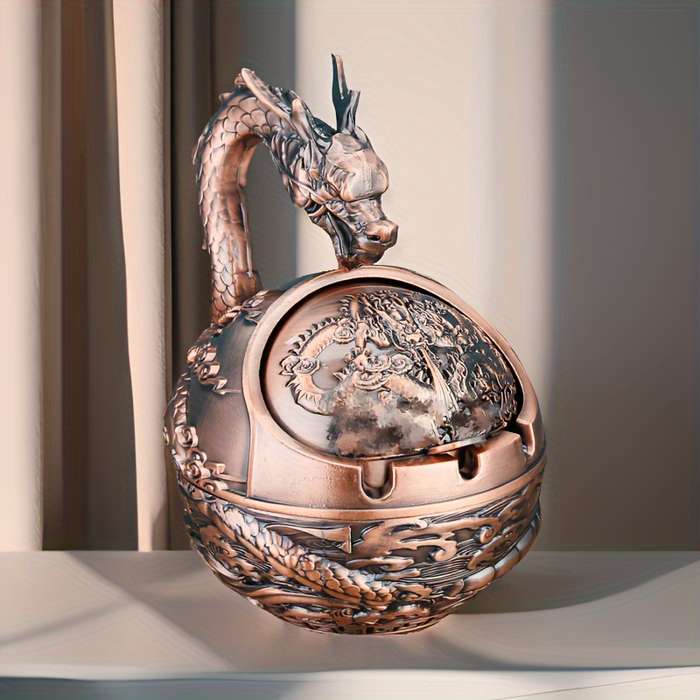 1pc Vintage Dragon Metal Ashtray with Lid Creative Spherical Design Anti-Fly Ash Animal Theme H