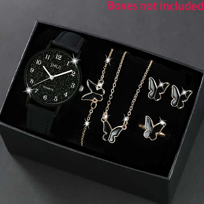6pcs set Women's Fashion Casual Trendy Quartz Watch and Bracelet Necklace Ring Earrings Jewelry Set