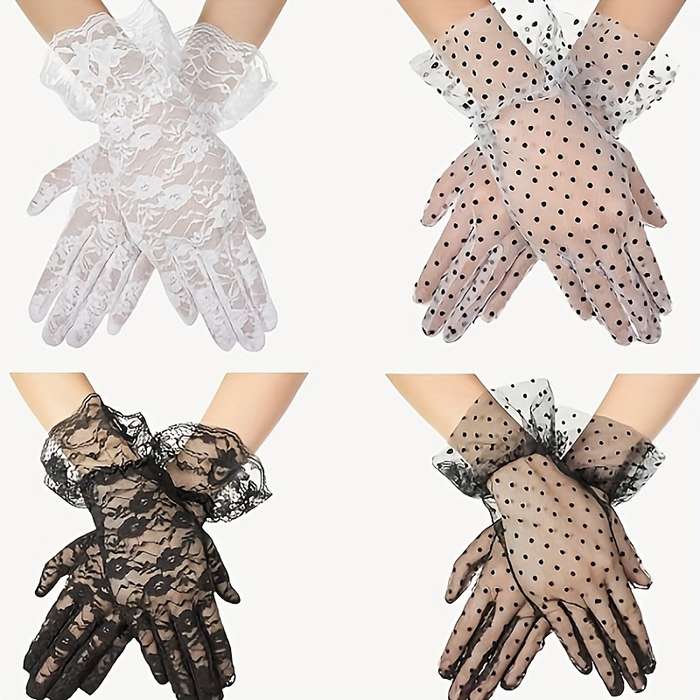 4 Pairs Lace Wrist Length Gloves