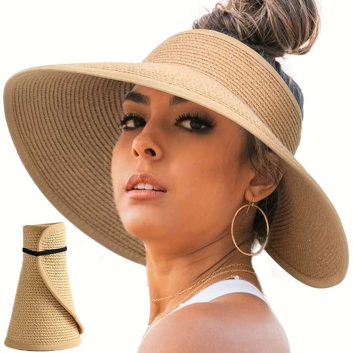 1pc Women'S Wide Brim Straw Sun Visor Hat Packable Foldable Summer Beach Travel Ponytail Hat