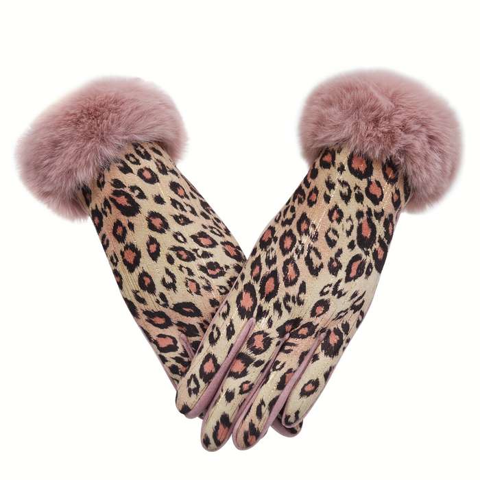 1 Pair Leopard Print Hair Mouth Pink Brown Warm Gloves