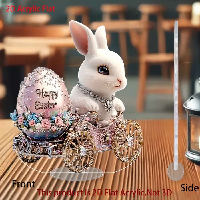 1pc 2D Flat   Easter Bunny Acrylic Ornament  Rabbit Riding Decorative Egg with Floral D