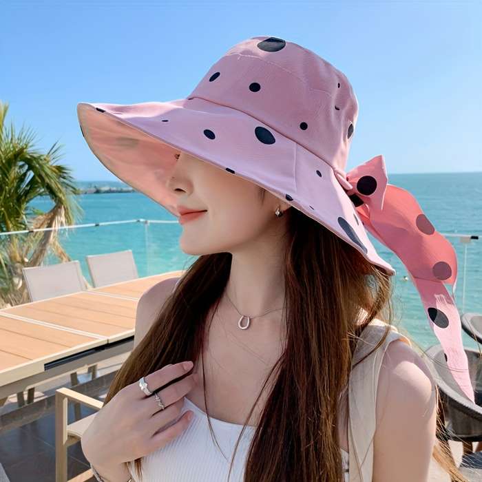 1pc Stylish Polka Dot Summer Sun Hat Wide Brim UV Protection Bucket Hat for Women Yellow wit