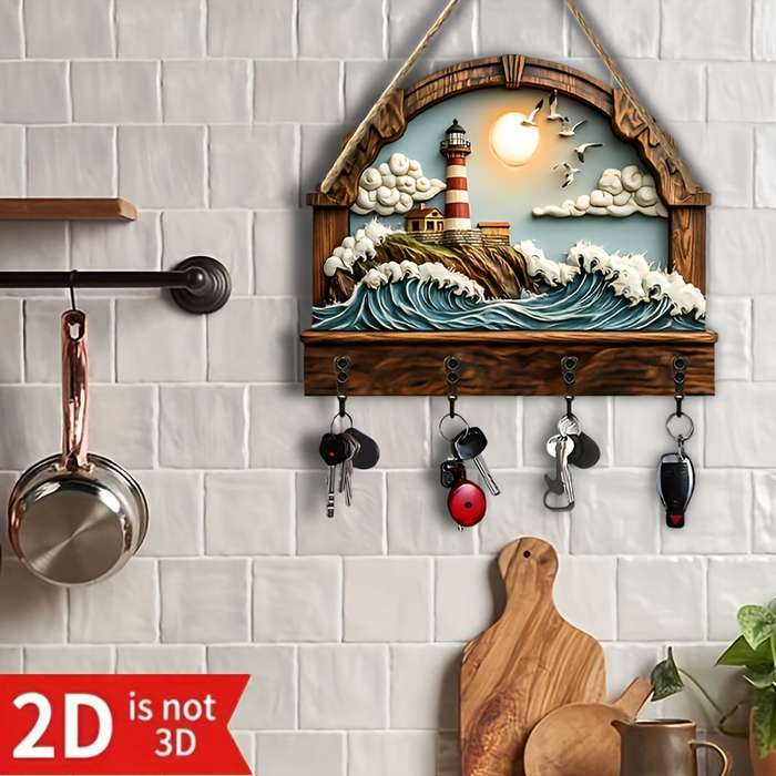 2D Flat 2d/Flat Seaside Lighthouse Simple and Colorful Wooden Home Key Hanger with Four Metal Hooks