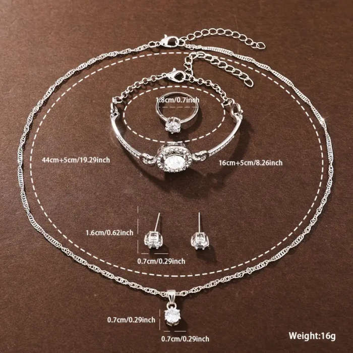 6-Piece Women's Fashion Quartz Watch Silver Rhinestone Necklace Earring Ring Set
