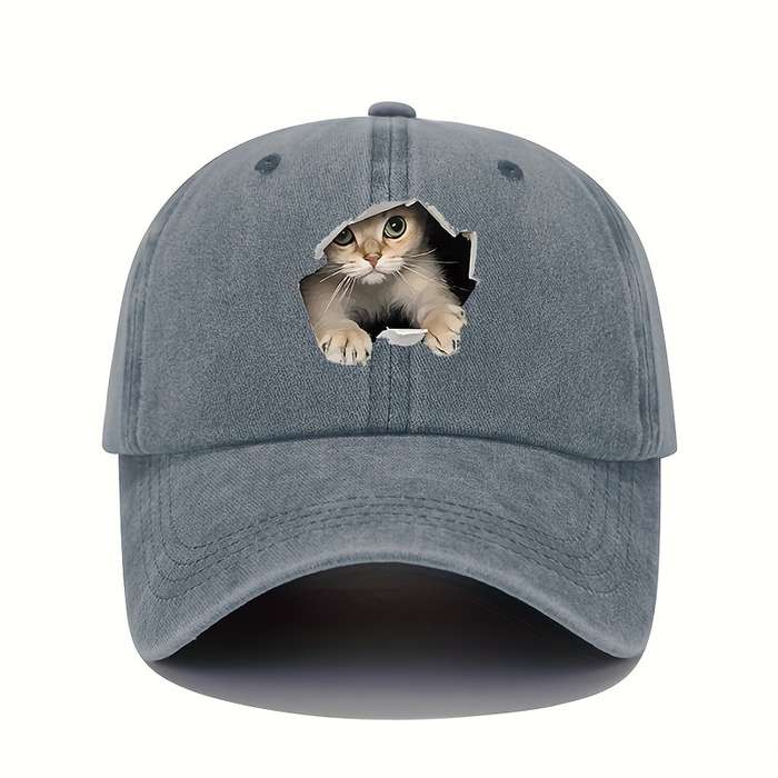1pc Vintage Washed Cotton Baseball Cap with 3D Cat Print Adjustable Stretch Fit Lightweight All-S