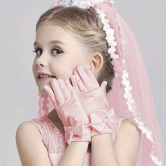 1 Pair Pink One Size Lace Floral Youngsters Gloves