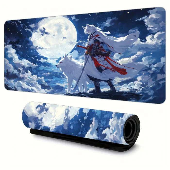 1pc 30x80cm Full Moon Night Fox Warrior Style Rubber Non-Slip Mouse Pad