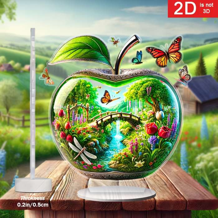 1pc 2D Flat   Charming Apple-Shaped Acrylic Decor a Vibrant Garden with Bridges Waterfalls D