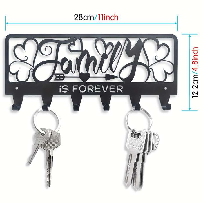 1pc Rustic Black Metal Key Holder with Family is Forever DesignWall Mounted Key Hooks