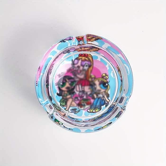 1pc Glass Cartoon Pattern Round Smoke Ashtray 8.48cm Neutral Novelty Gift Christmas Gift for Ho