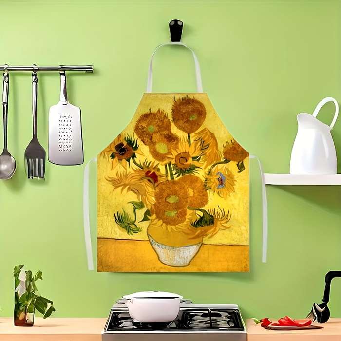 1pc Sunflower Pattern Linen Apron 100% Linen Woven Fabric 150 gsm Weight Creative Kitchen Co