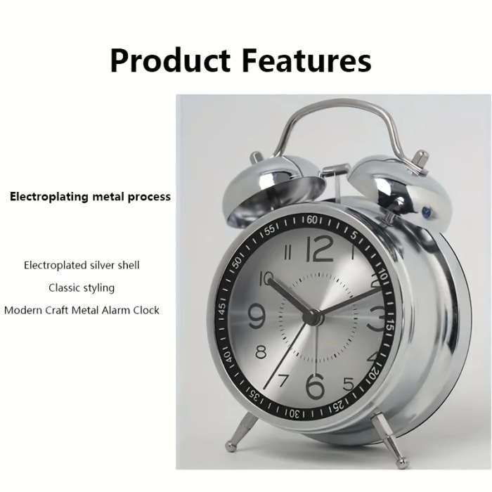 1pc Chic Metal Alarm Clock with Glass Face Luminous Silent Quartz Movement Anti-Fall Design