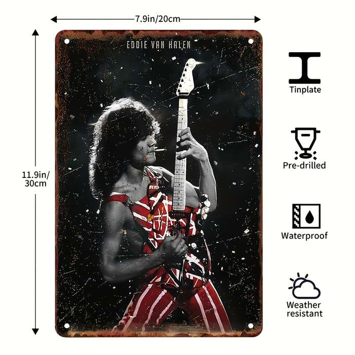 1pc Retro Eddie Van Halen Metal Tin Sign 20.32x30.48 cm Vintage Wall Art Decor Weather-Resistant