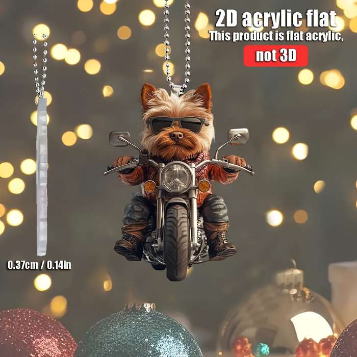 1pc 2D Flat   Yorkshire Terrier Riding Motorcycle  Acrylic Hanging Ornament Flat Design with