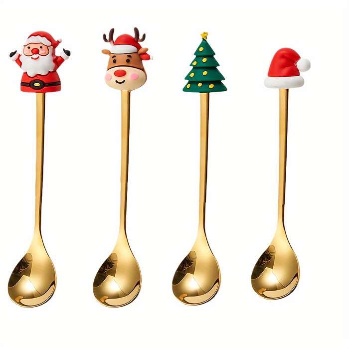4pcs Christmas Coffee Spoon Set Stainless Steel Santa Reindeer Designs for Holiday Dining